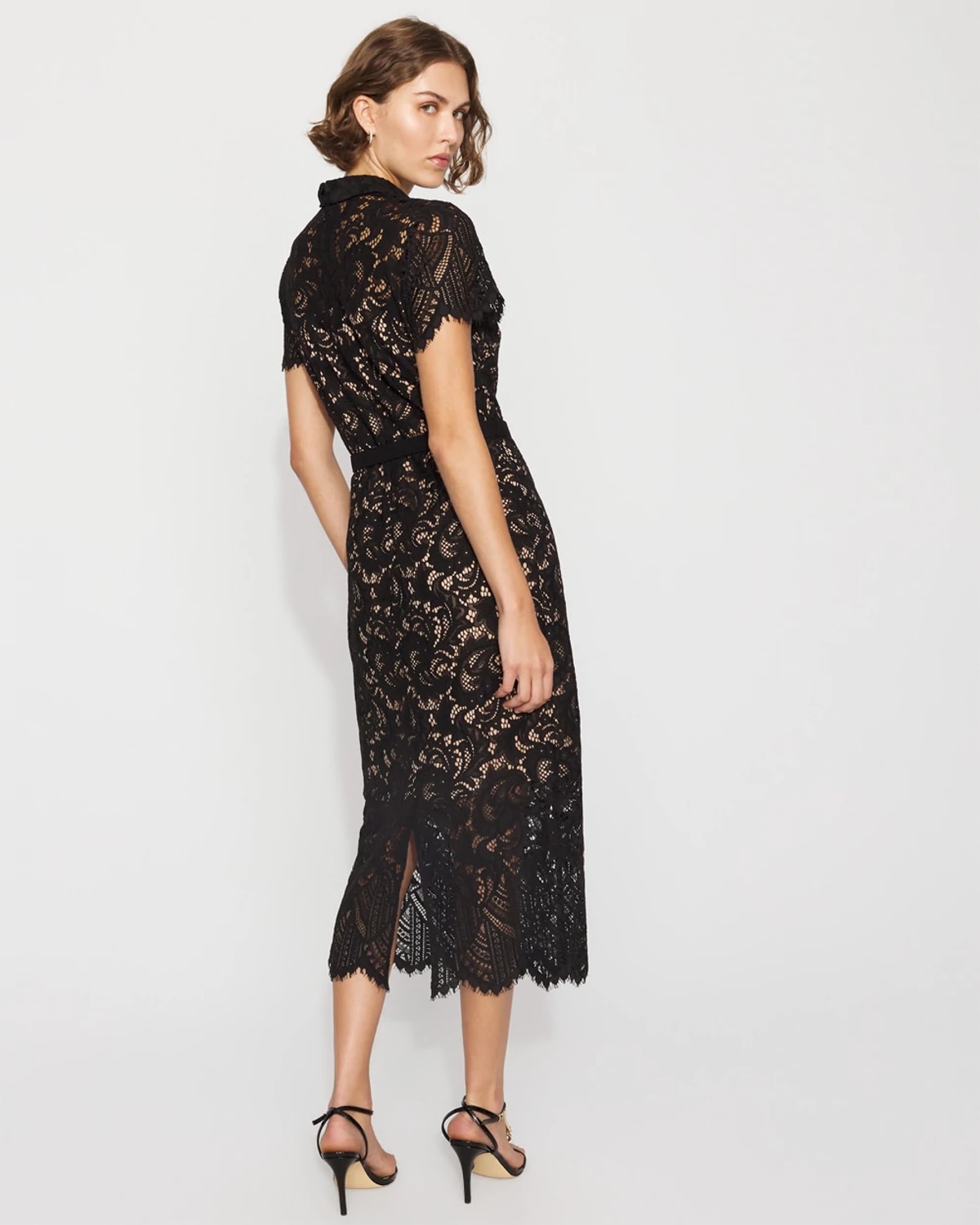White House Black Market Button-front Lace Midi Dress In Black