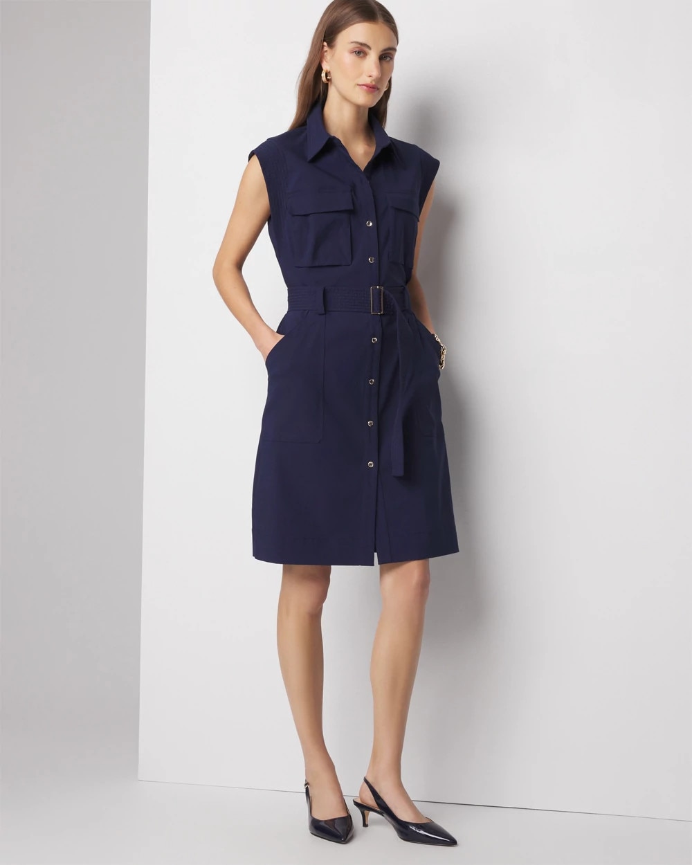 Petite Cap-Sleeve Utility Mini Shirt Dress