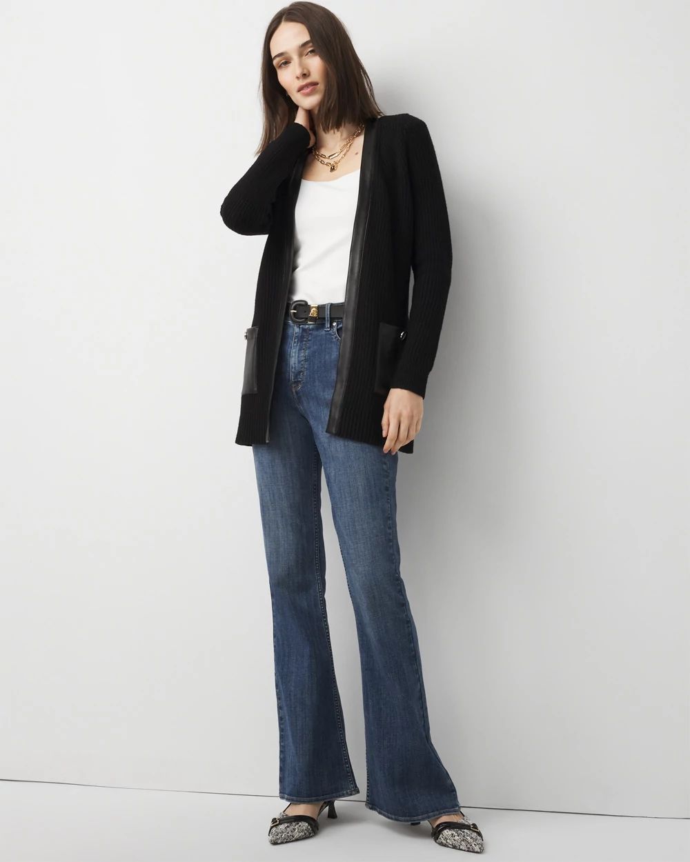 Petite Faux Leather Trim Cardigan