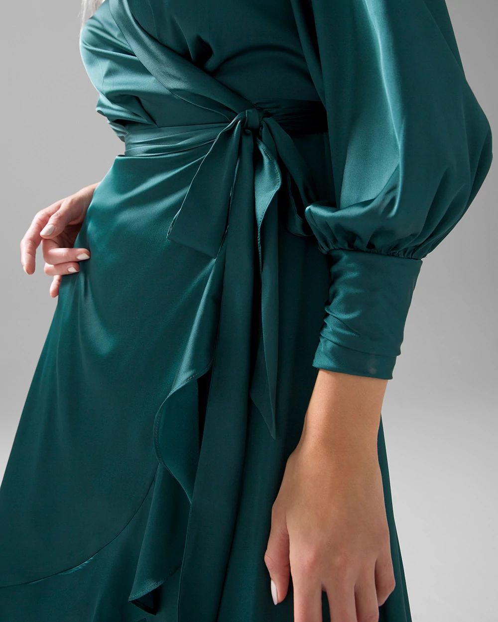 Long Sleeve Satin Ruffle Wrap Dress