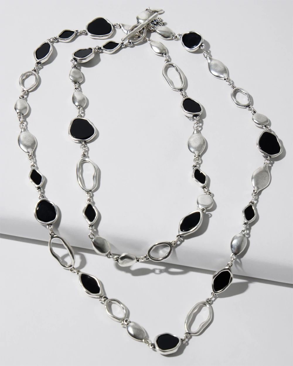 Silvertone and Black Disc Y-Necklace