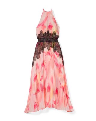 Sleeveless Pleated Halter Dress with Lace Detail