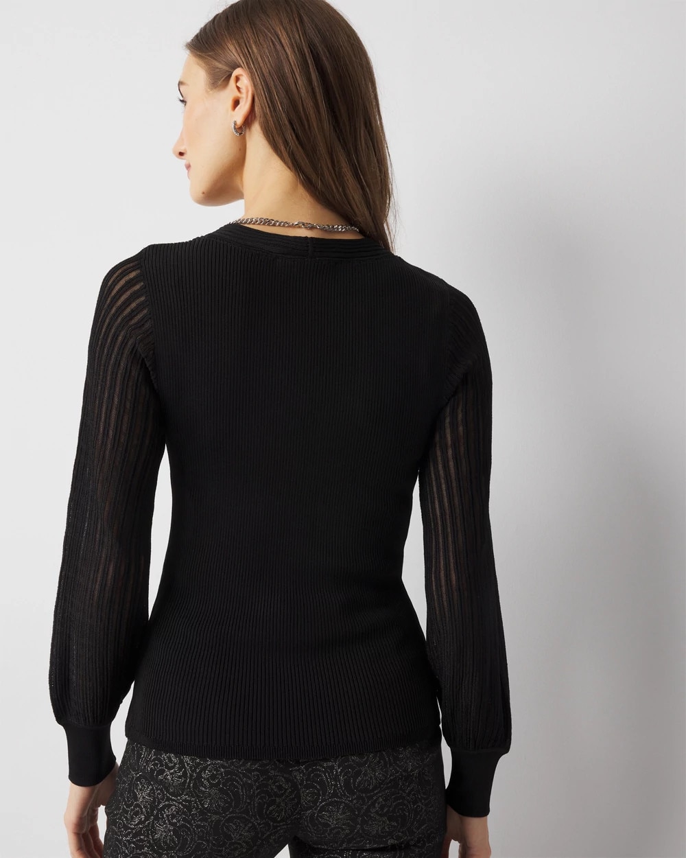 Sheer Sleeve V-Neck Sweater