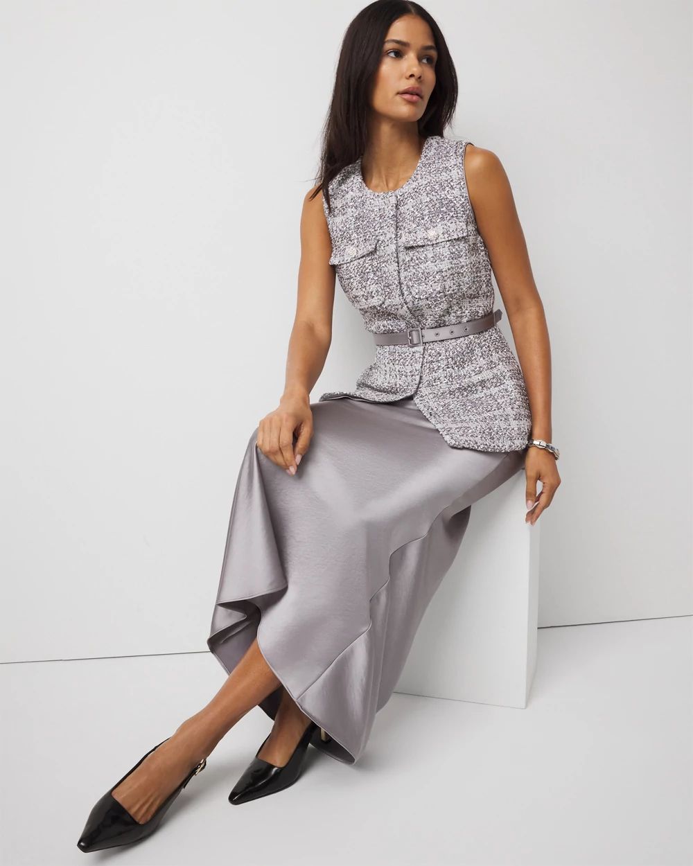 Tweed Vest + Satin Maxi Skirt click to view larger image.