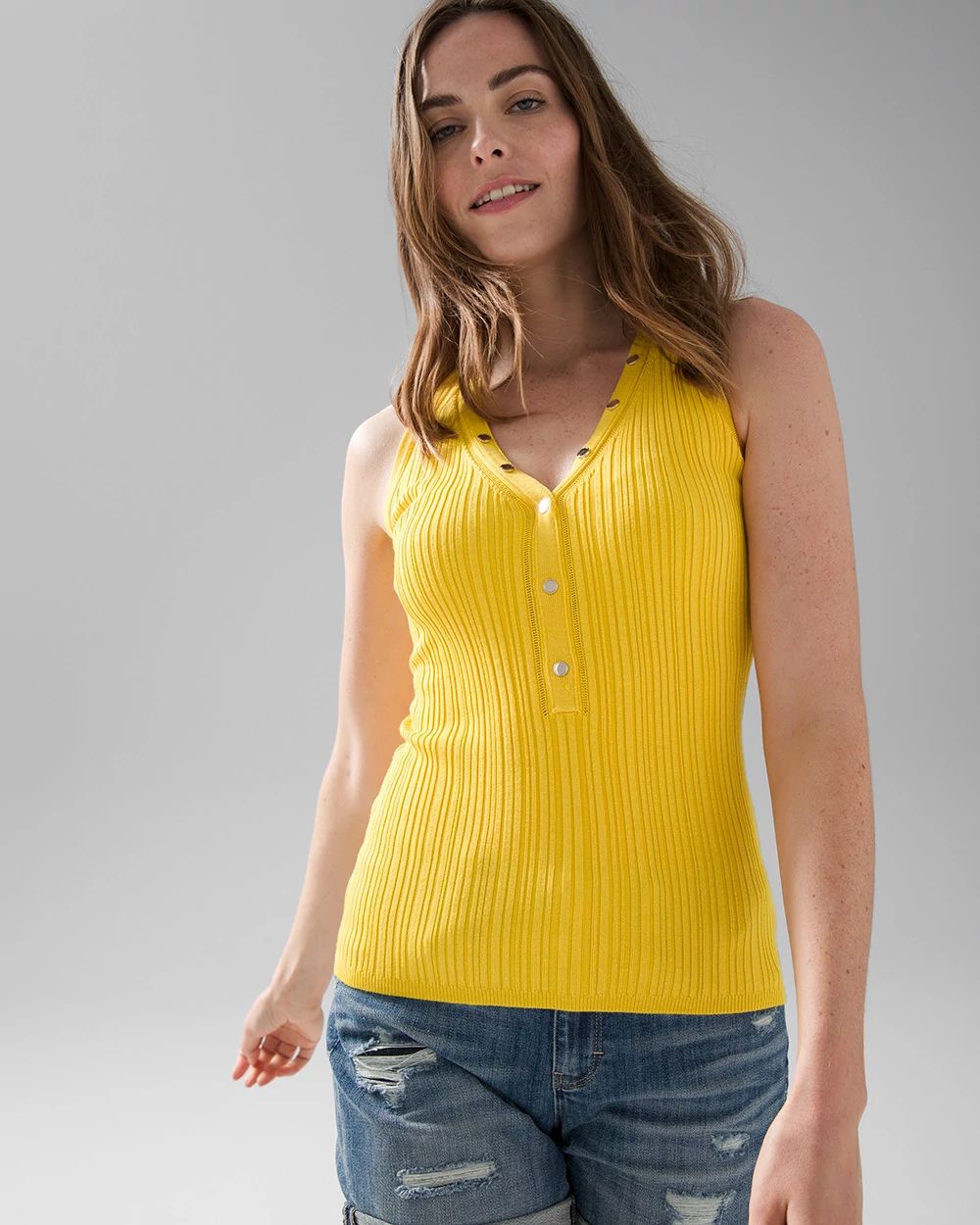 V-Neck Snap-Front Rib Knit Sweater Tank
