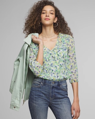 3/4 Sleeve V-Neck Ruffle Front Blouse