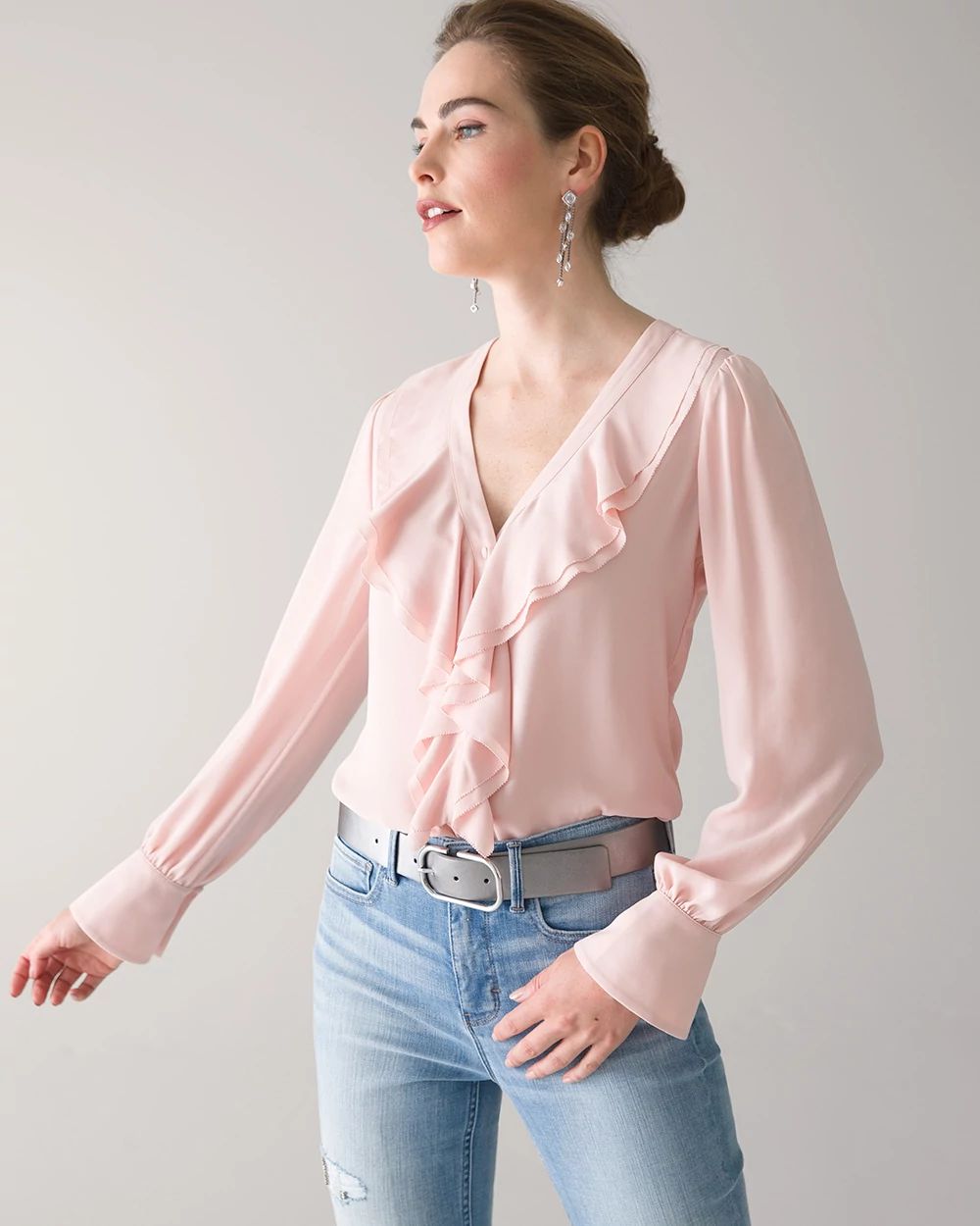 Long Sleeve Ruffle Front Blouse