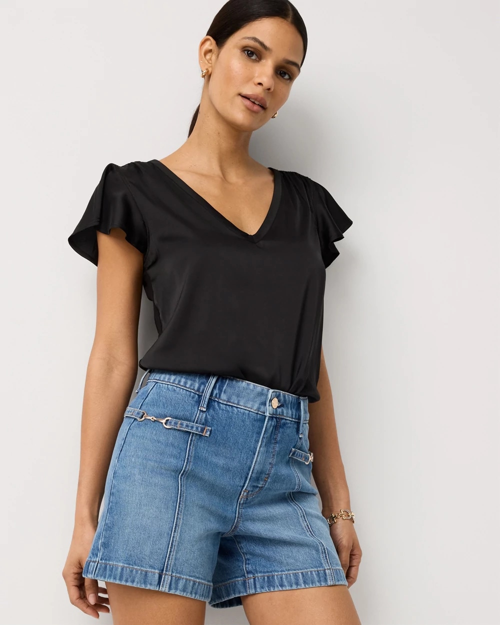 Horsebit Detail High Rise Denim Short