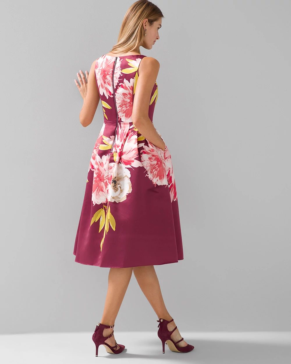 Satin Floral Cocktail Midi Dress