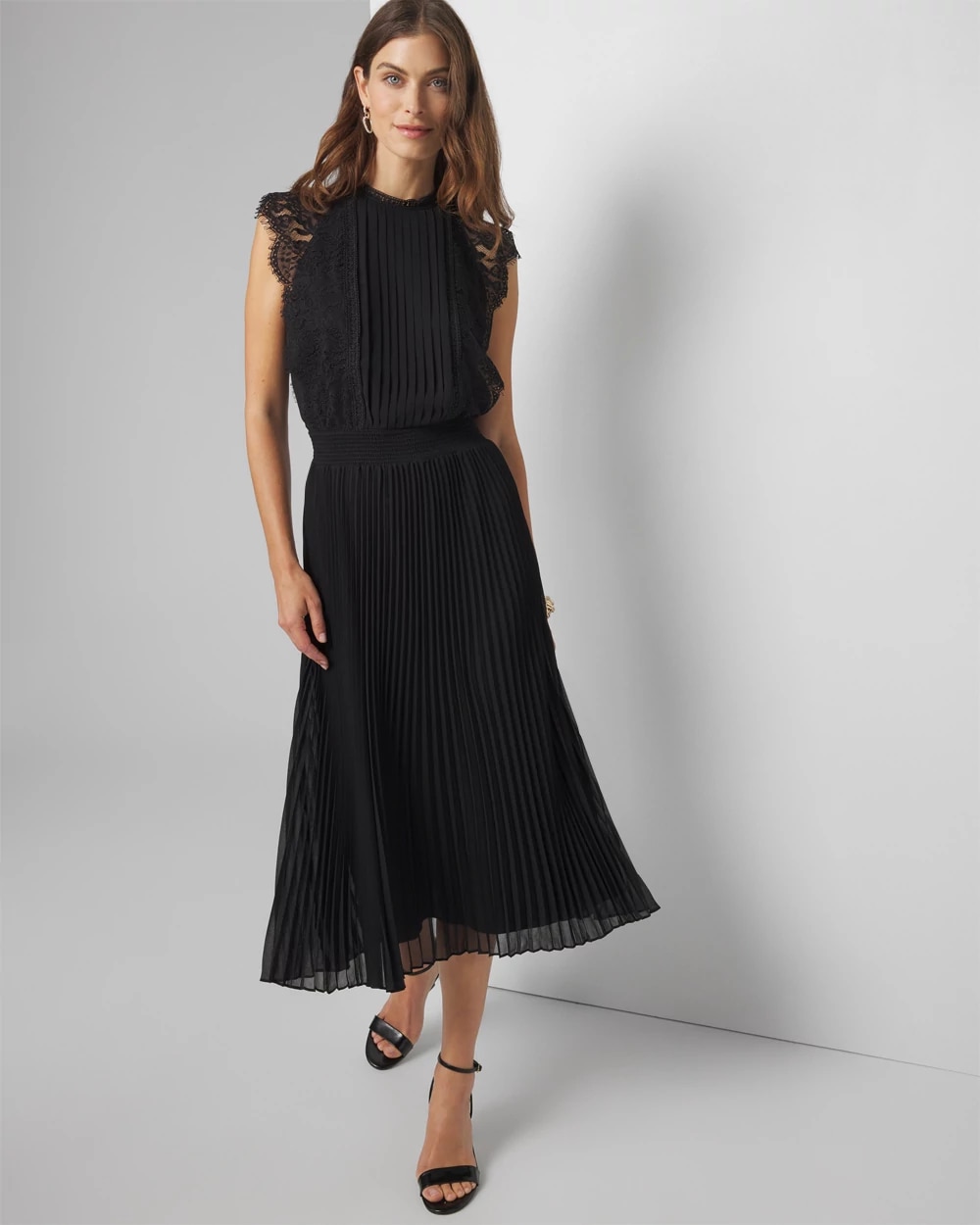 Petite Cap Sleeve Lace Detail Pleated Midi Dress | White House Black Market Petite Cap Sleeve Lace Detail Pleated Midi Dress | White House Black Market