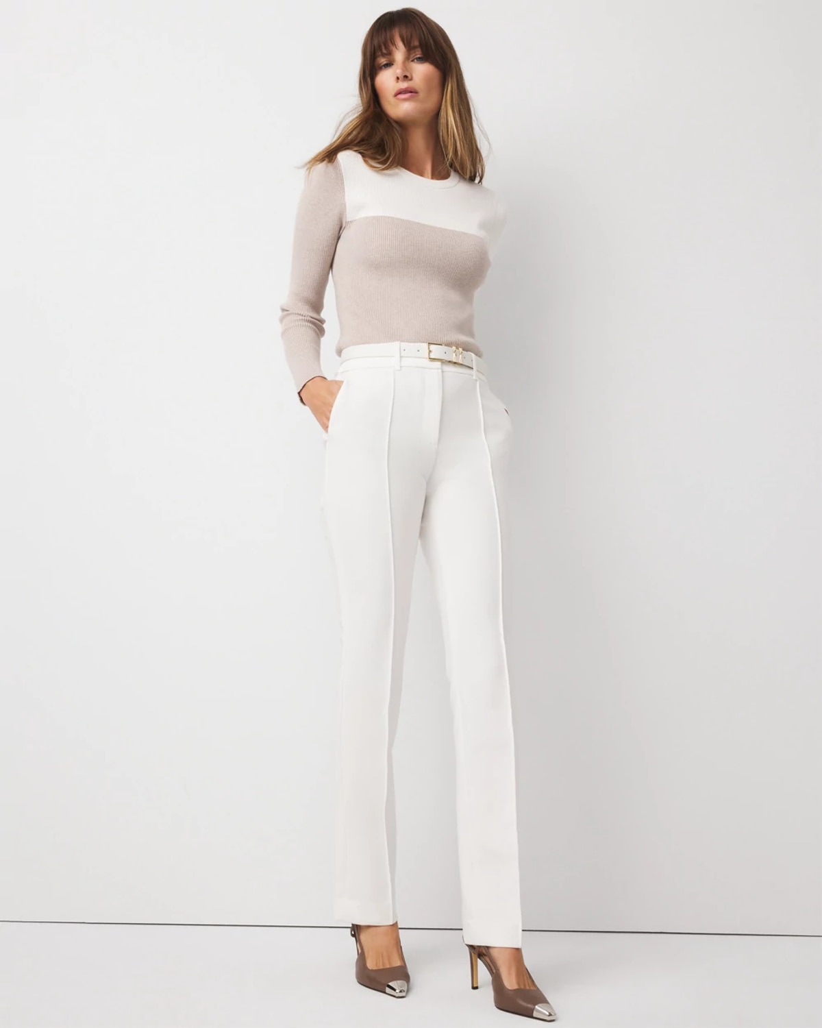 White House Black Market Double Weave Zoey Straight Pants In White