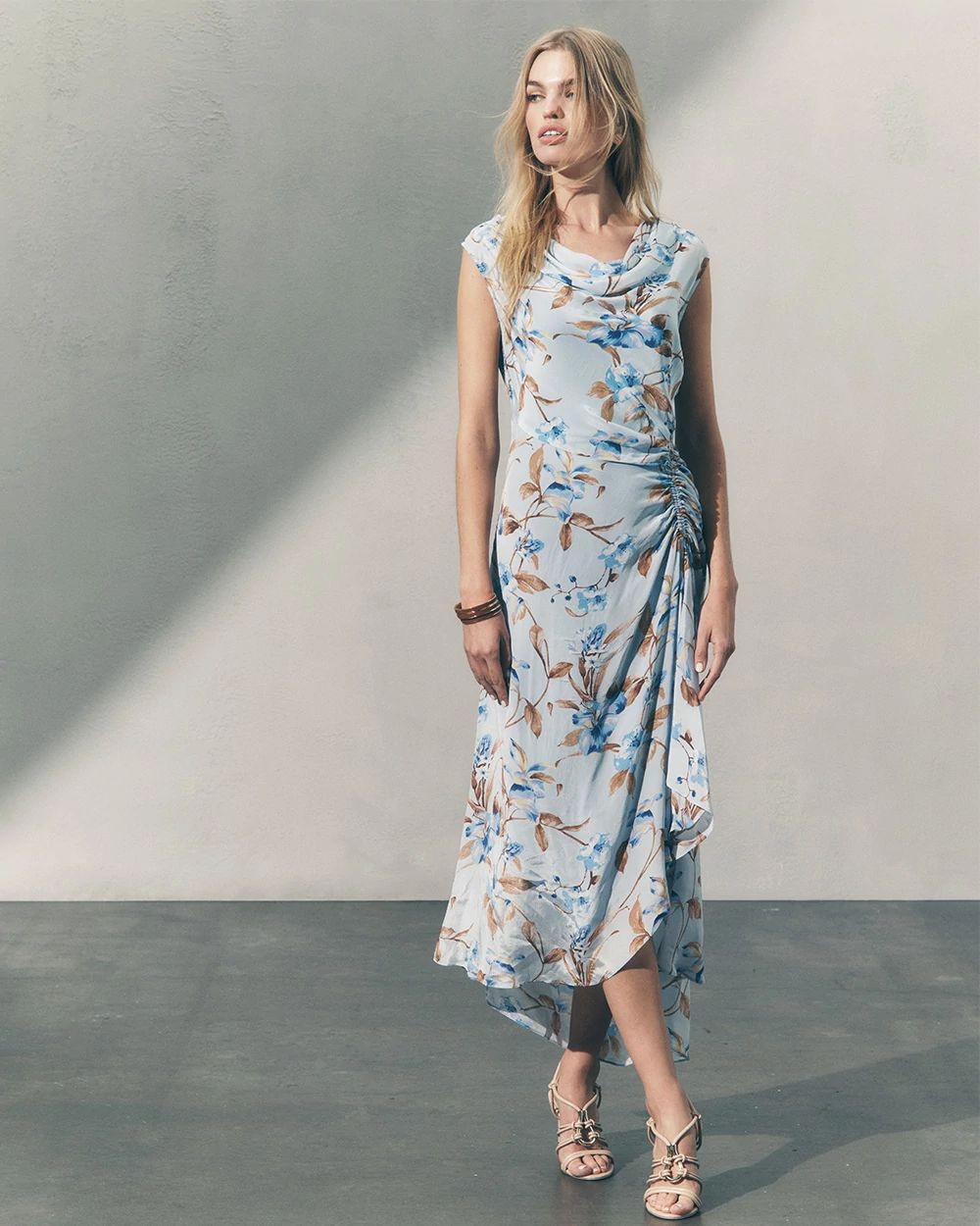 Cowl Neck Ruched Midi Dress