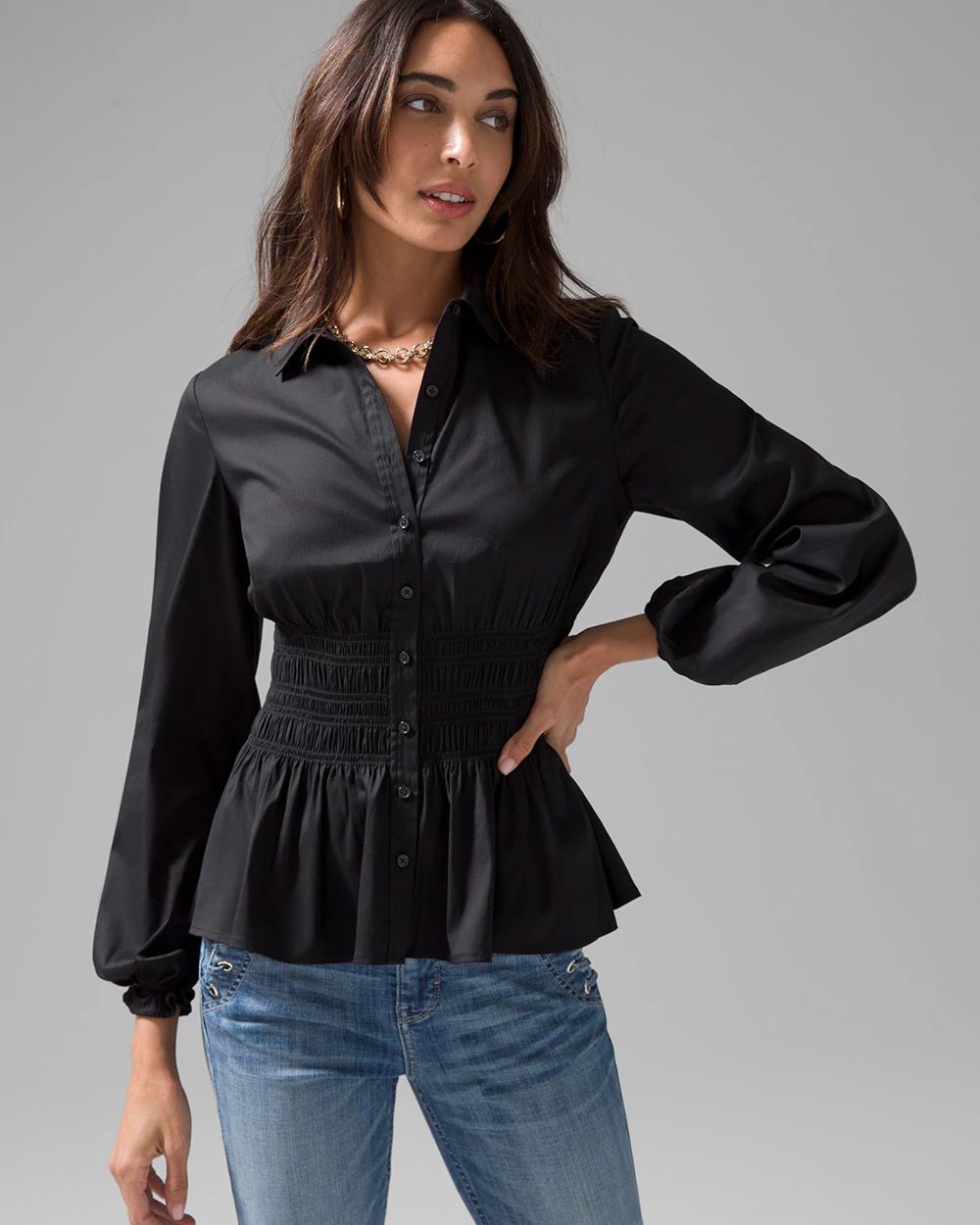 Smocked Waist Poplin Shirt
