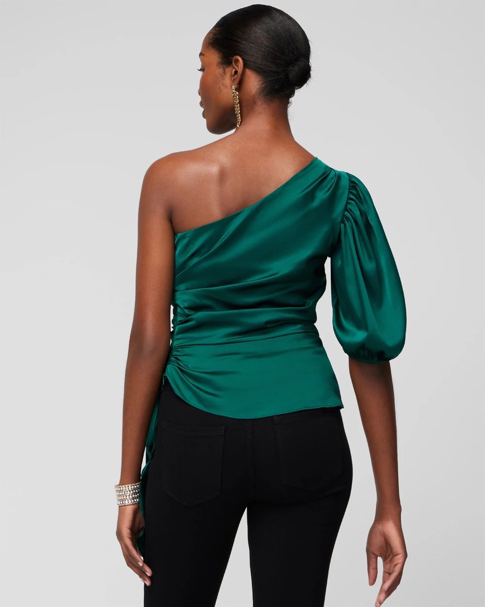 One Shoulder Satin Tie Blouse