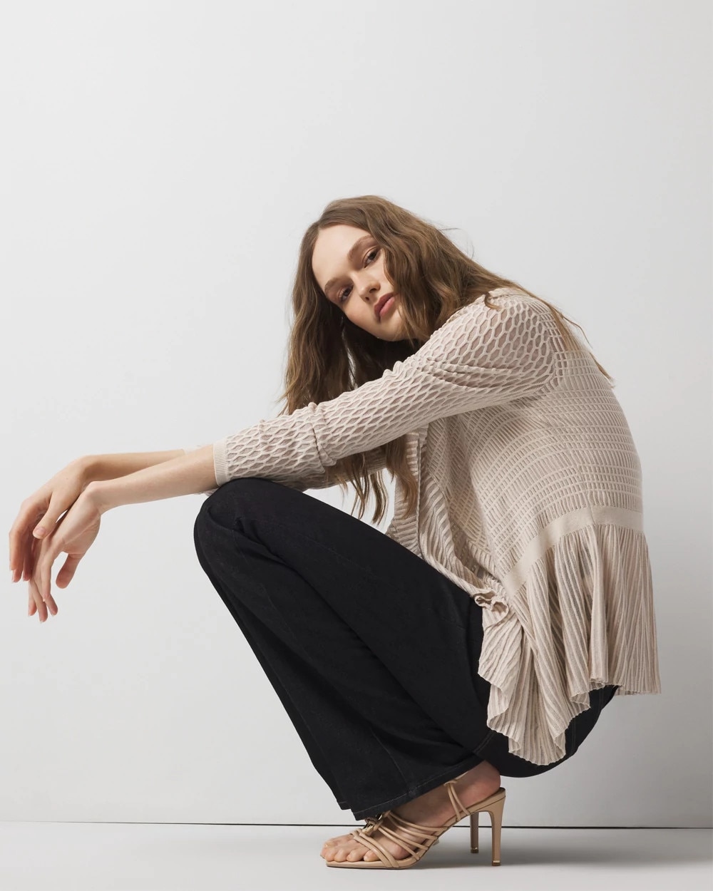 Petite Long Sleeve Pointelle Peplum Cardigan