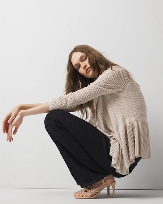 Petite Long Sleeve Pointelle Peplum Cardigan click to view larger image.