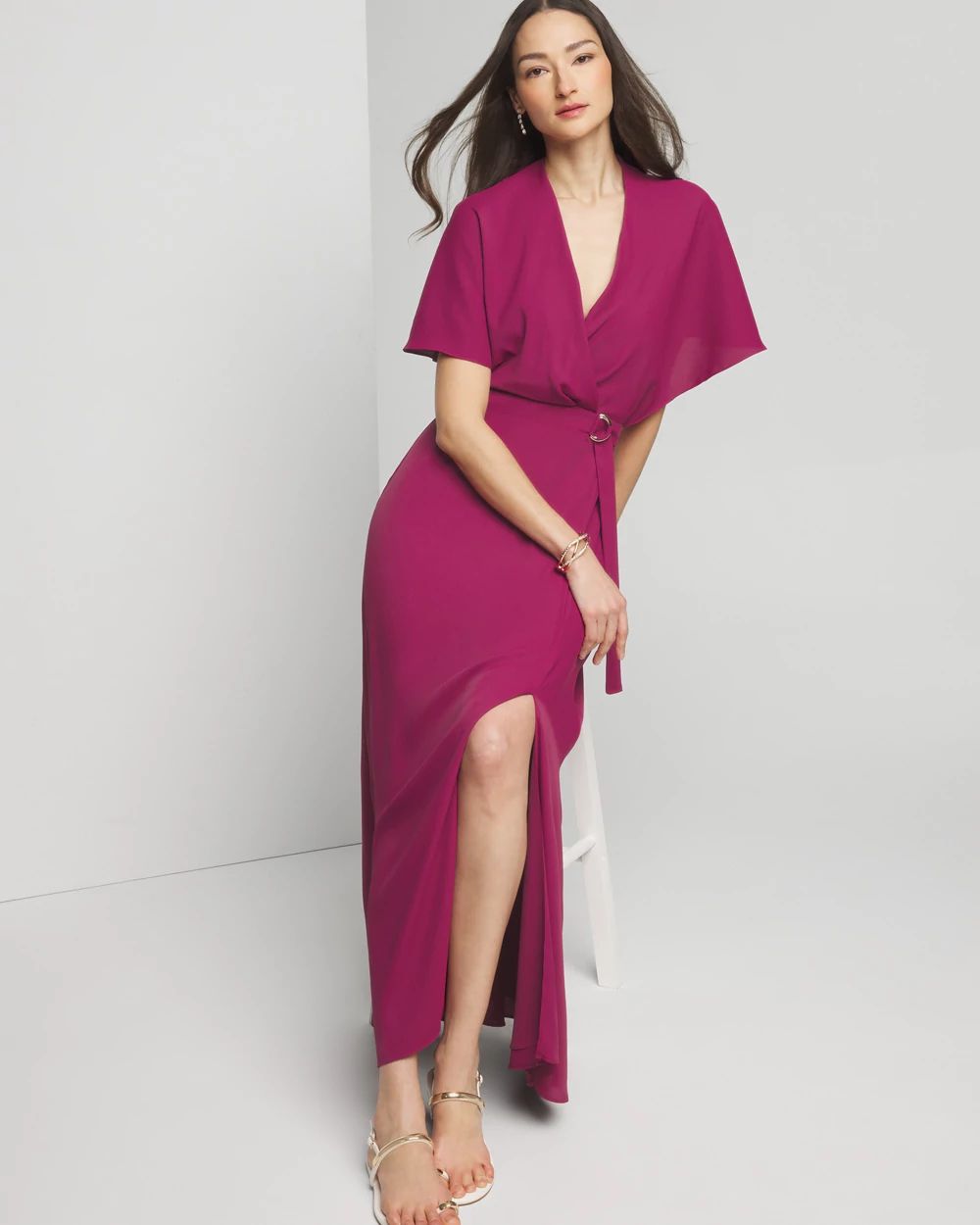 Cape Belted Maxi With Slit Dress