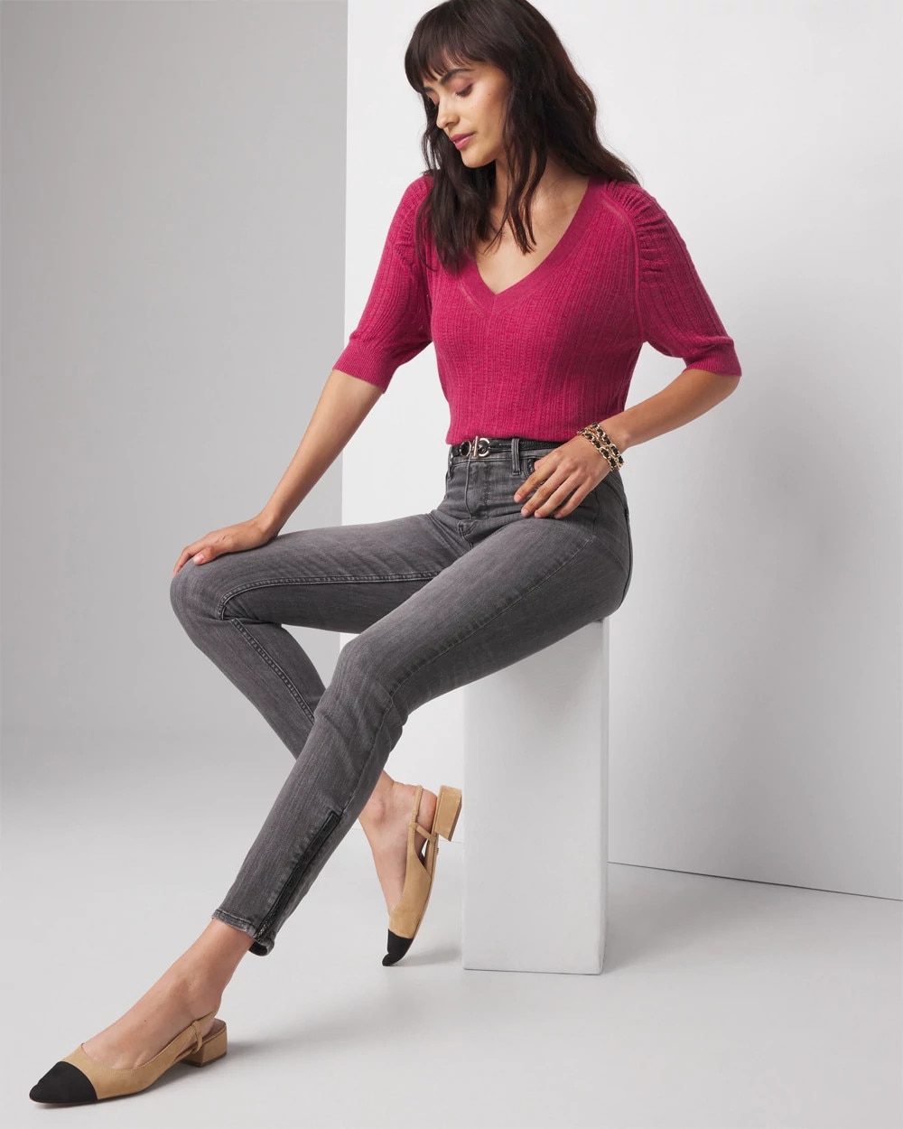 Cashmere-Blend Elbow-Sleeve Shirred Sweater