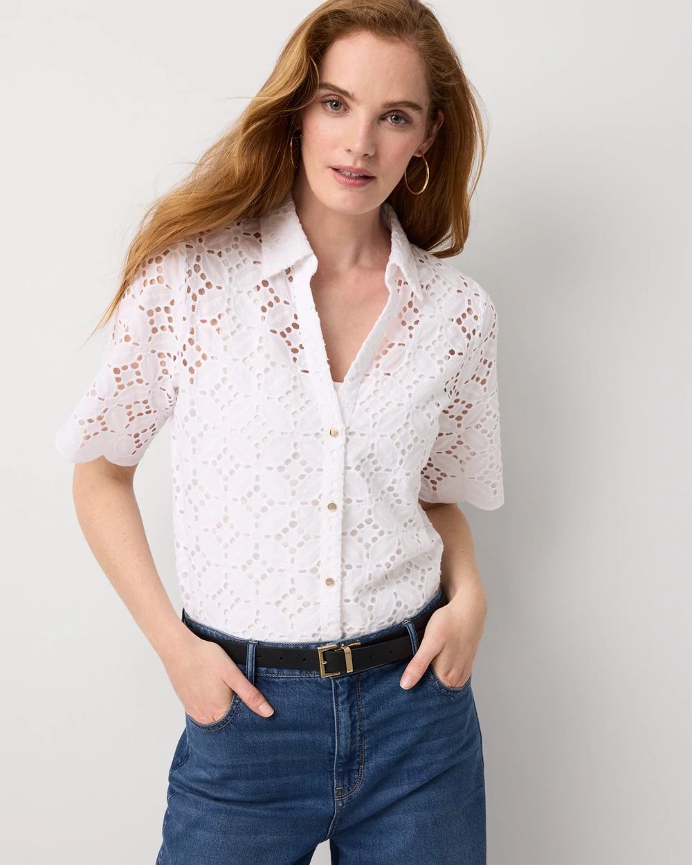 Petite Elbow Sleeve Lace Cotton Shirt