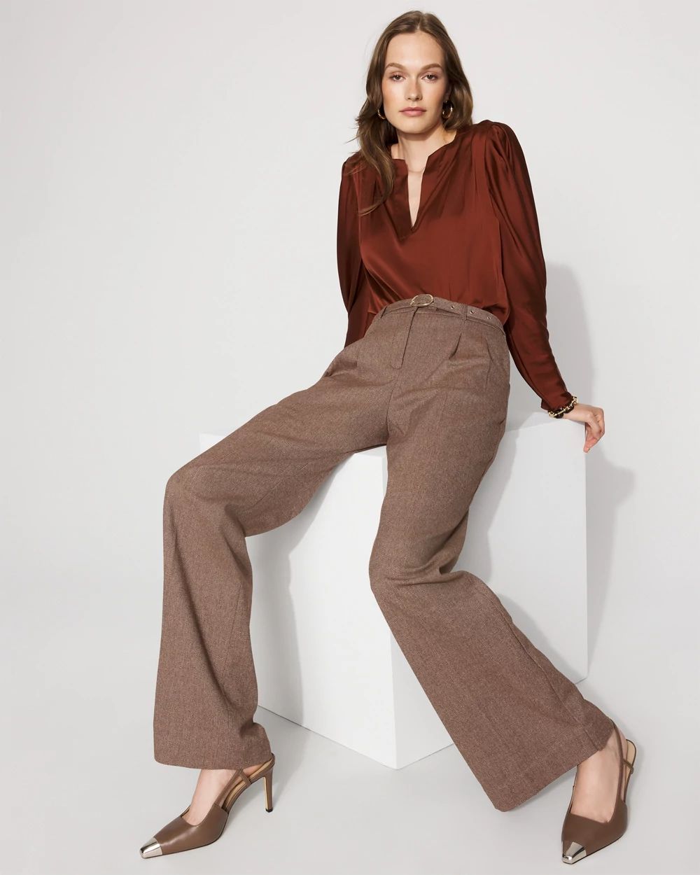 High-Rise Belted Tweed Wide-Leg Pant