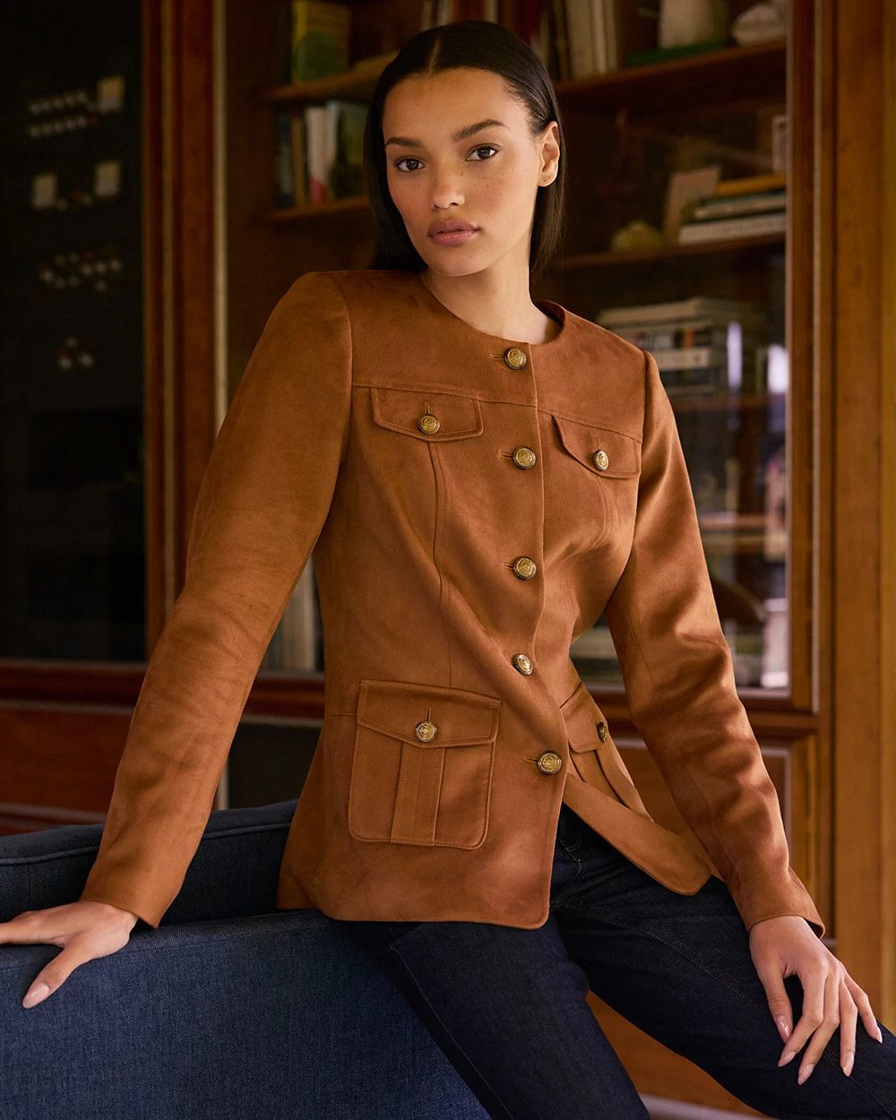 Faux Suede Collarless Jacket