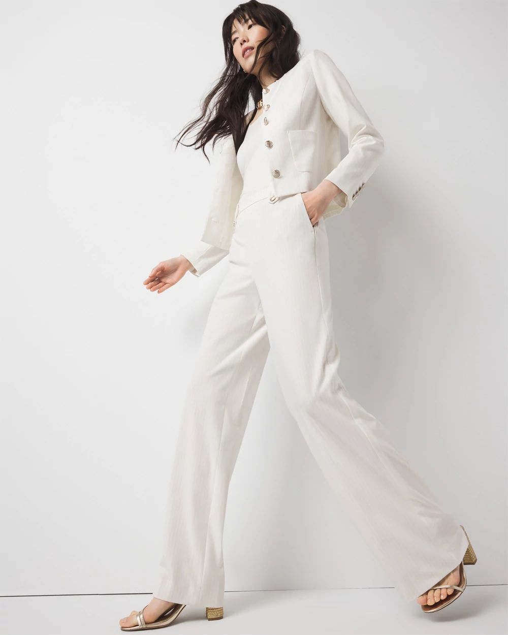 Petite Pinstripe Button-Tab Wide Leg Trouser