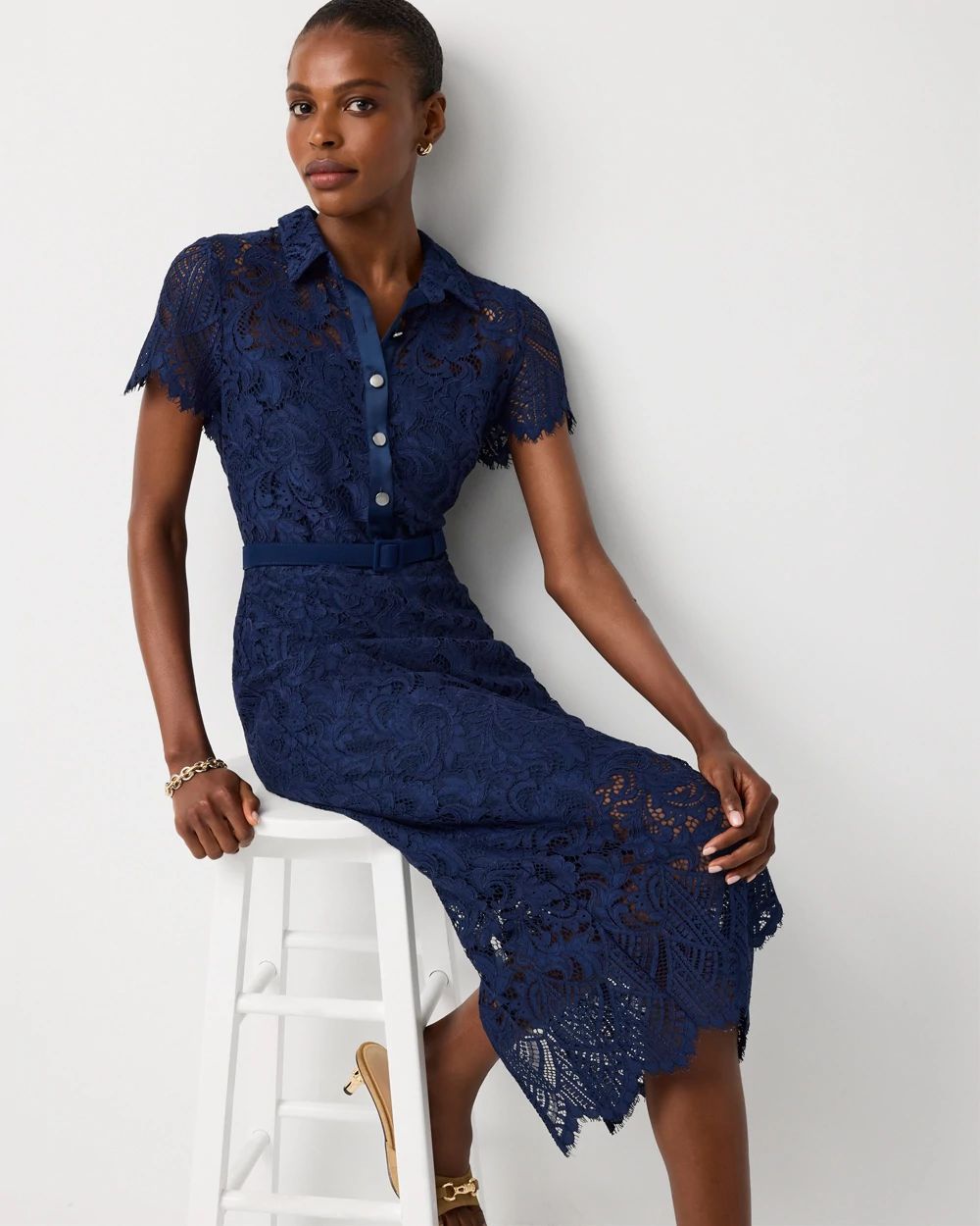 Button-Front Lace Midi Dress click to view larger image.
