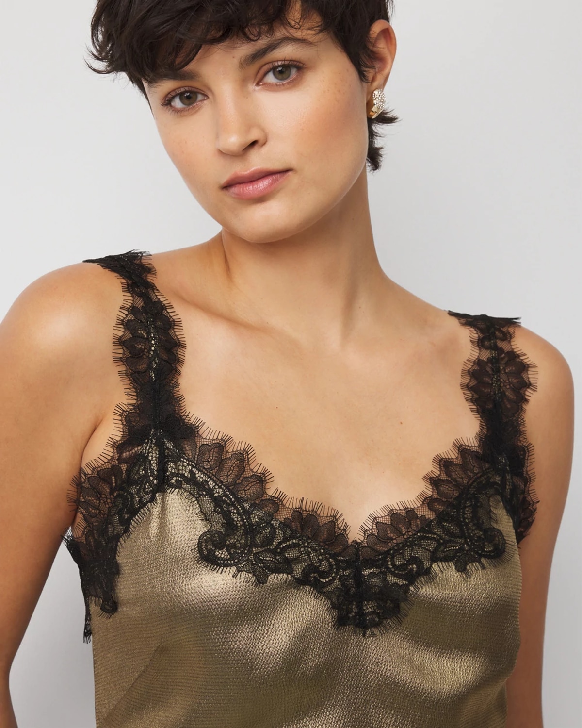 White House Black Market Lace Trim Satin Camisole Top In Gold