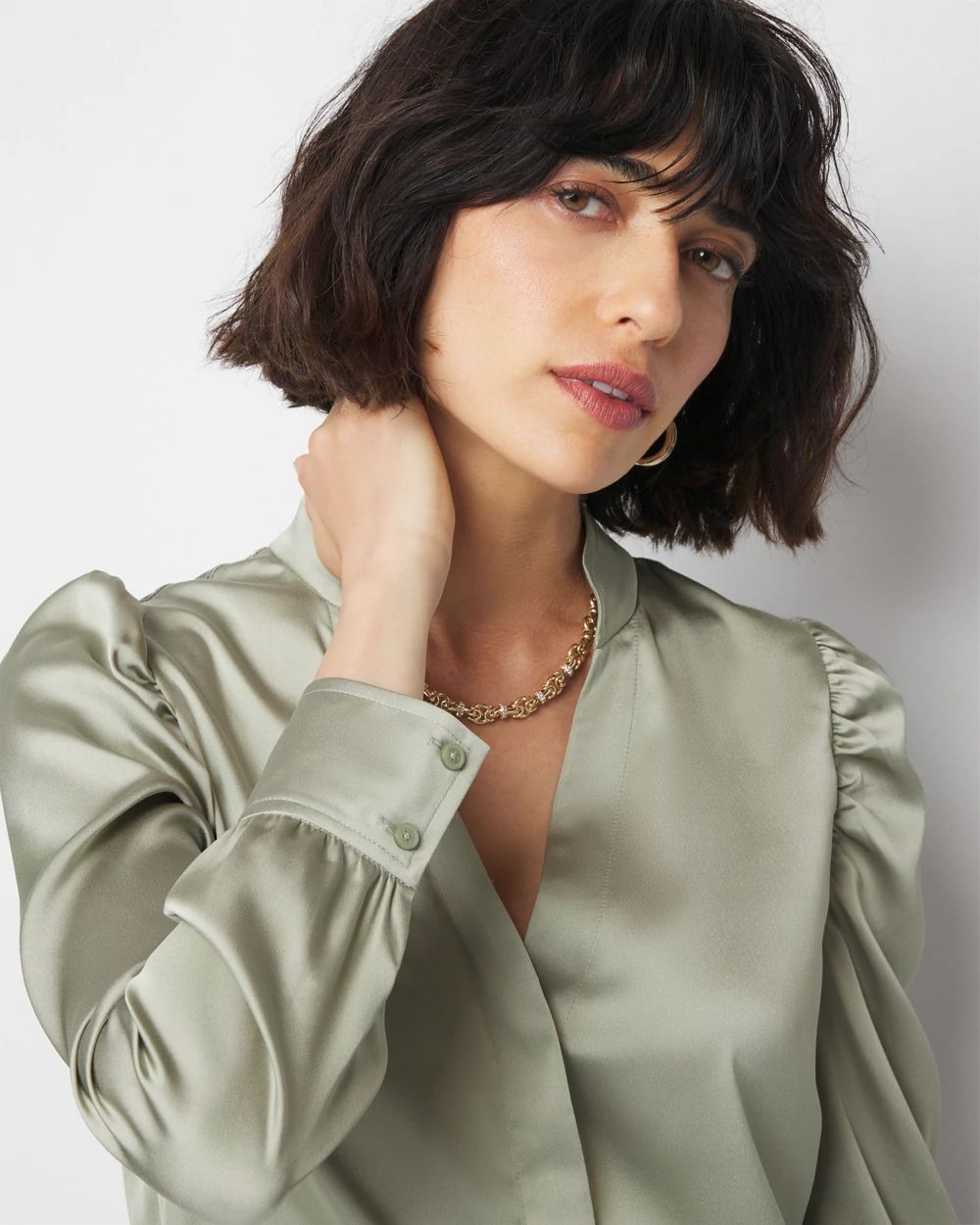 Y-Neck Ruched Shoulder Shirt click to view larger image.