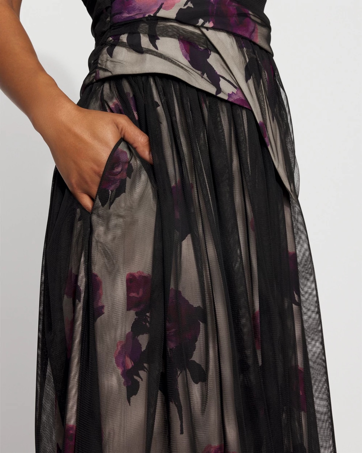 White House Black Market Tulle Overlay Floral Midi Skirt