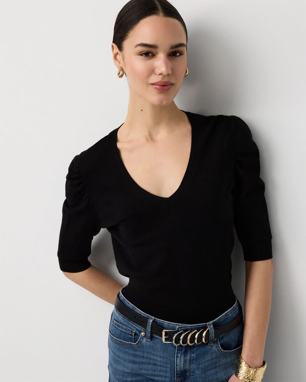 Ruched Sleeve V-neck Pullover