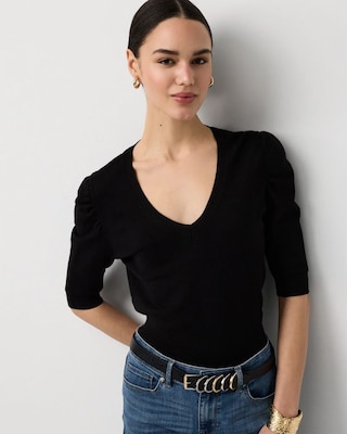 Ruched Sleeve V-neck Pullover