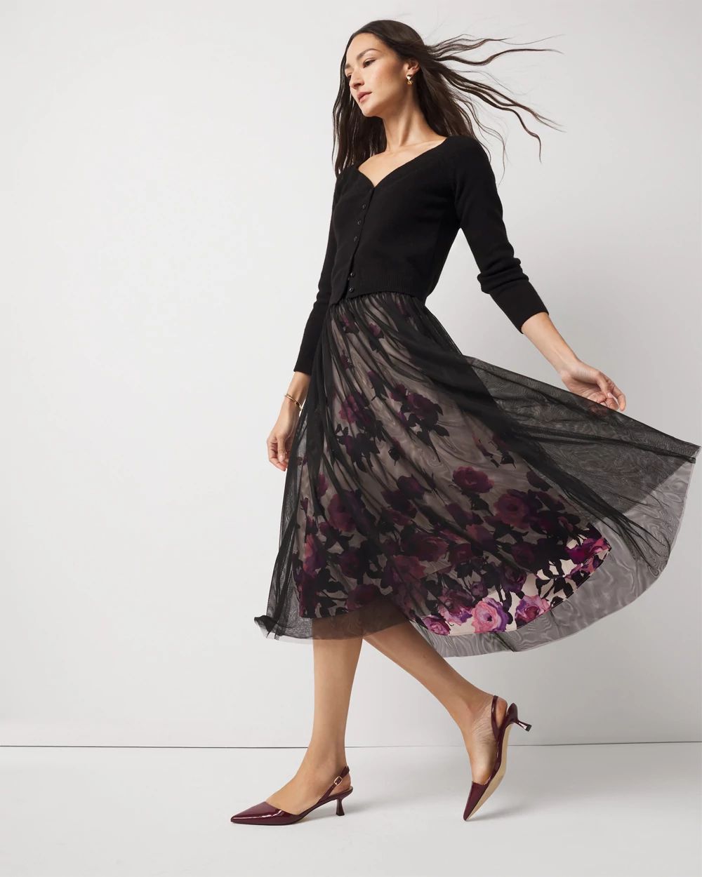 Tulle Overlay Floral Midi Skirt