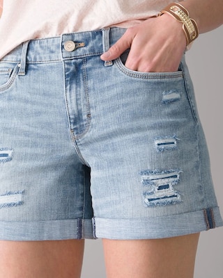 Curvy-Fit Mid-Rise Everyday Soft Denim™ Destructed Shorts click to view larger image.