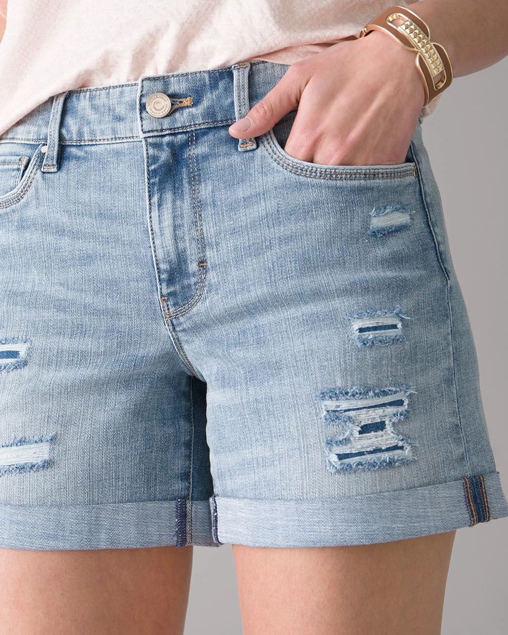 Curvy-Fit Mid-Rise Everyday Soft Denim  Destructed Shorts click to view larger image.