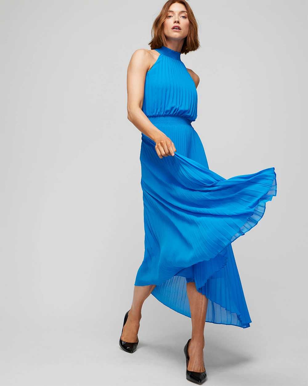 Sleeveless Pleated Halter Midi Dress click to view larger image.