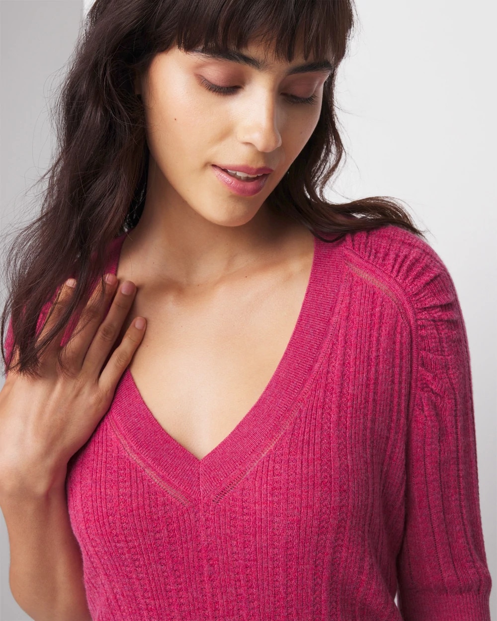 Cashmere-Blend Elbow-Sleeve Shirred Sweater