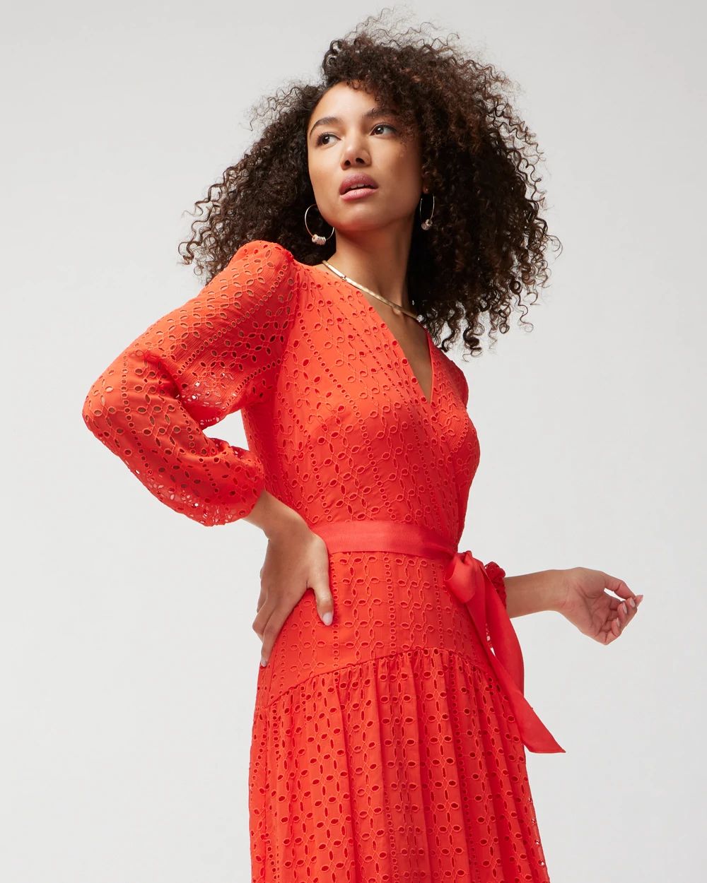 Long-Sleeve Eyelet Maxi Dress