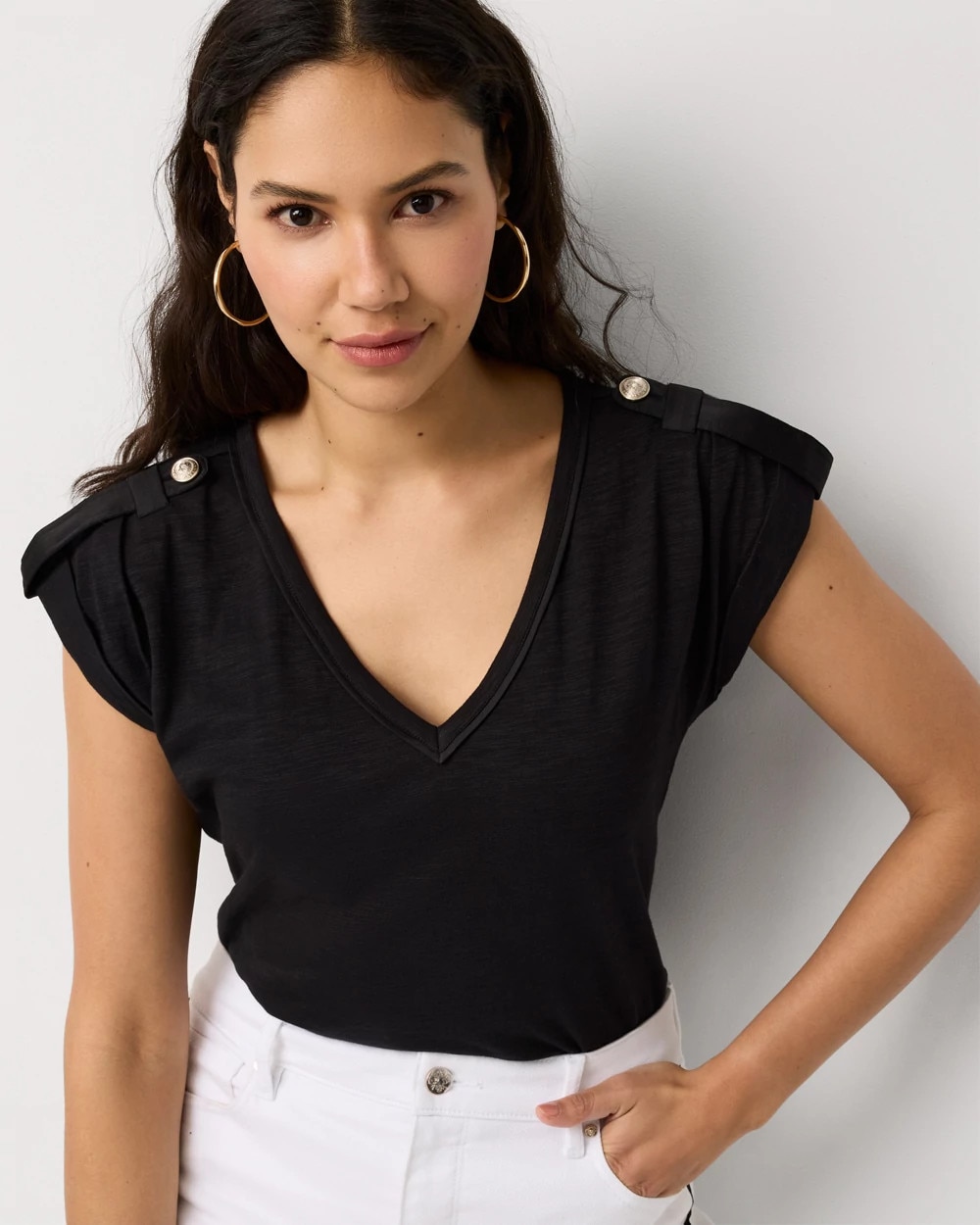 Satin Epaulet V-neck Tee