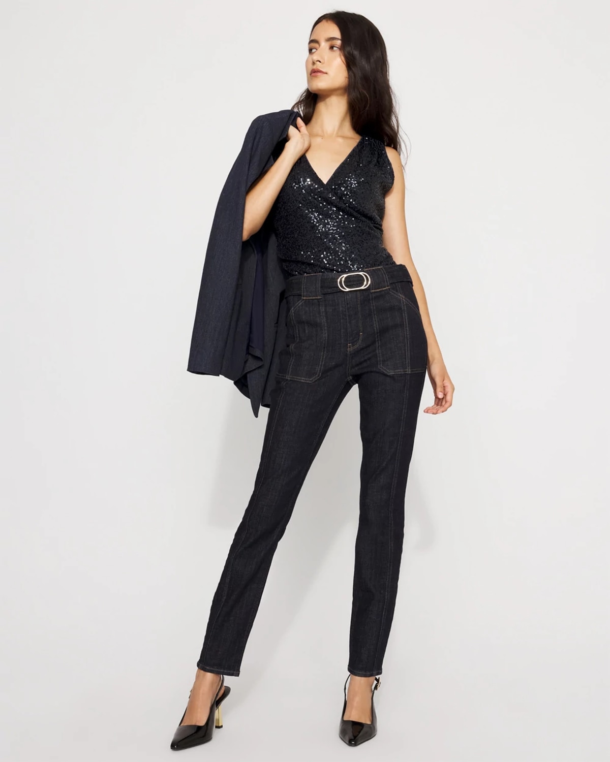 White House Black Market Belted High-rise Skinny Jeans In Blue