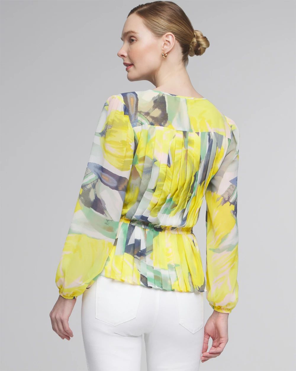 Long Sleeve V-Neck Pleated Chiffon Blouse