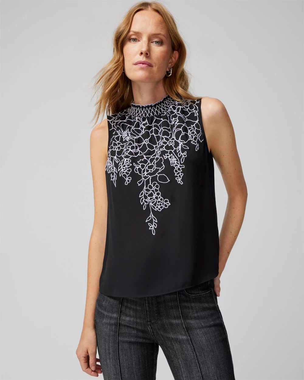 Sleeveless Embroidered Floral Shell