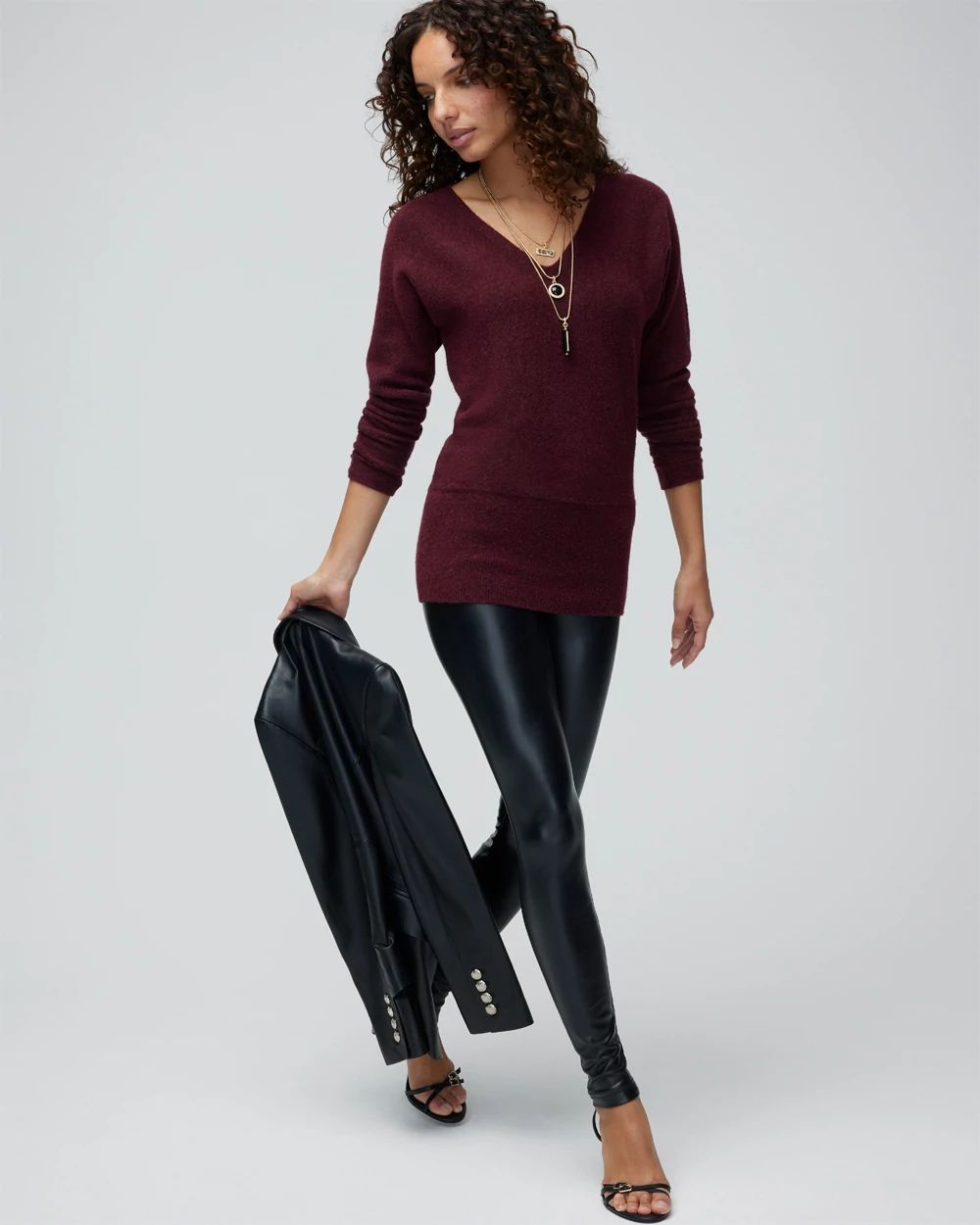 V-Neck Shirred Sleeve Tunic Pullover Sweater