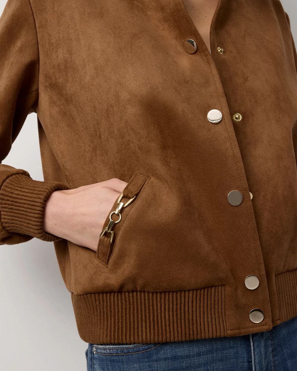 Faux Suede Bomber Jacket click to view larger image.