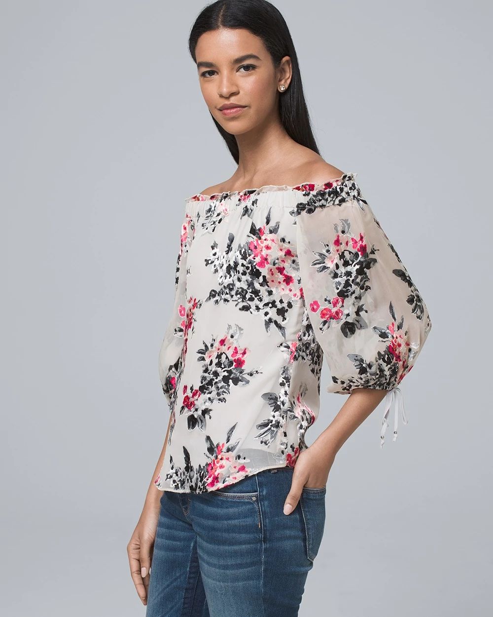 Silk-Blend Floral Burnout Off-the-Shoulder Blouse