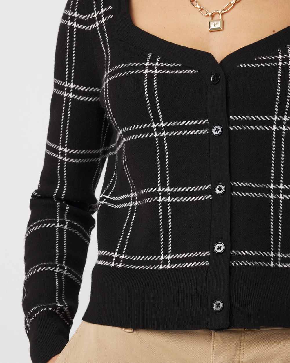 Petite Sweetheart Neck Plaid Cardigan