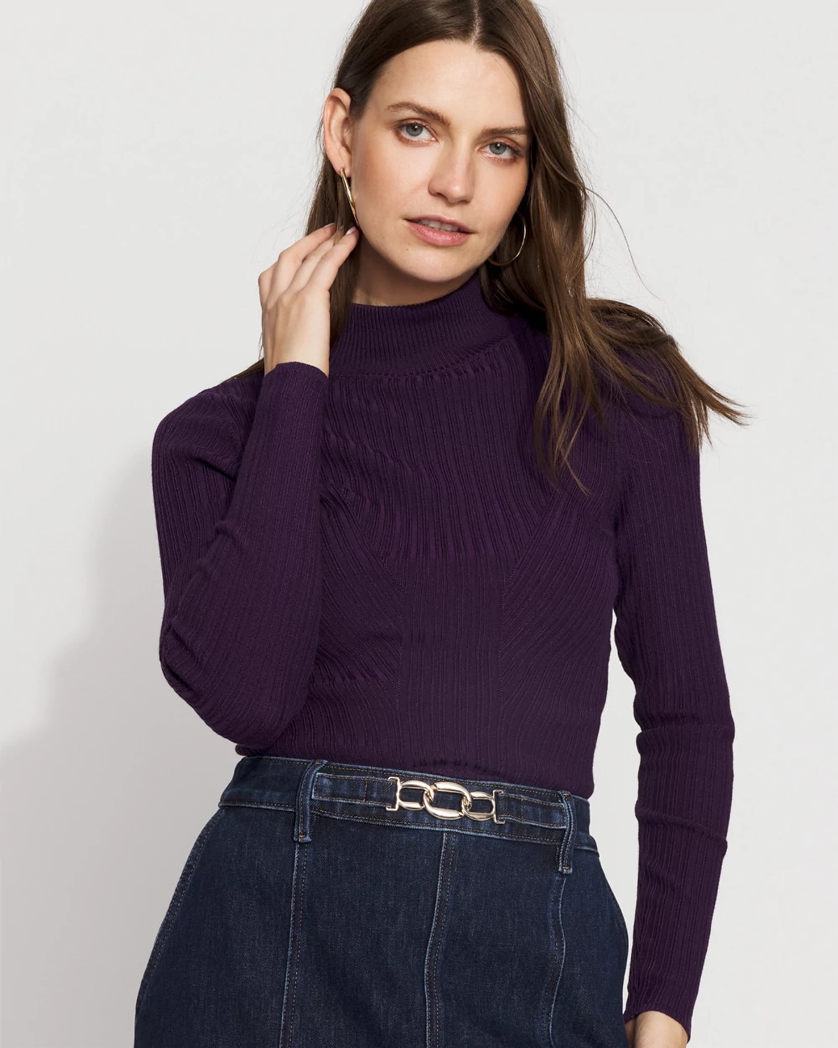 White House Black Market Essential Mock Neck Ribbed Sweater In Purple