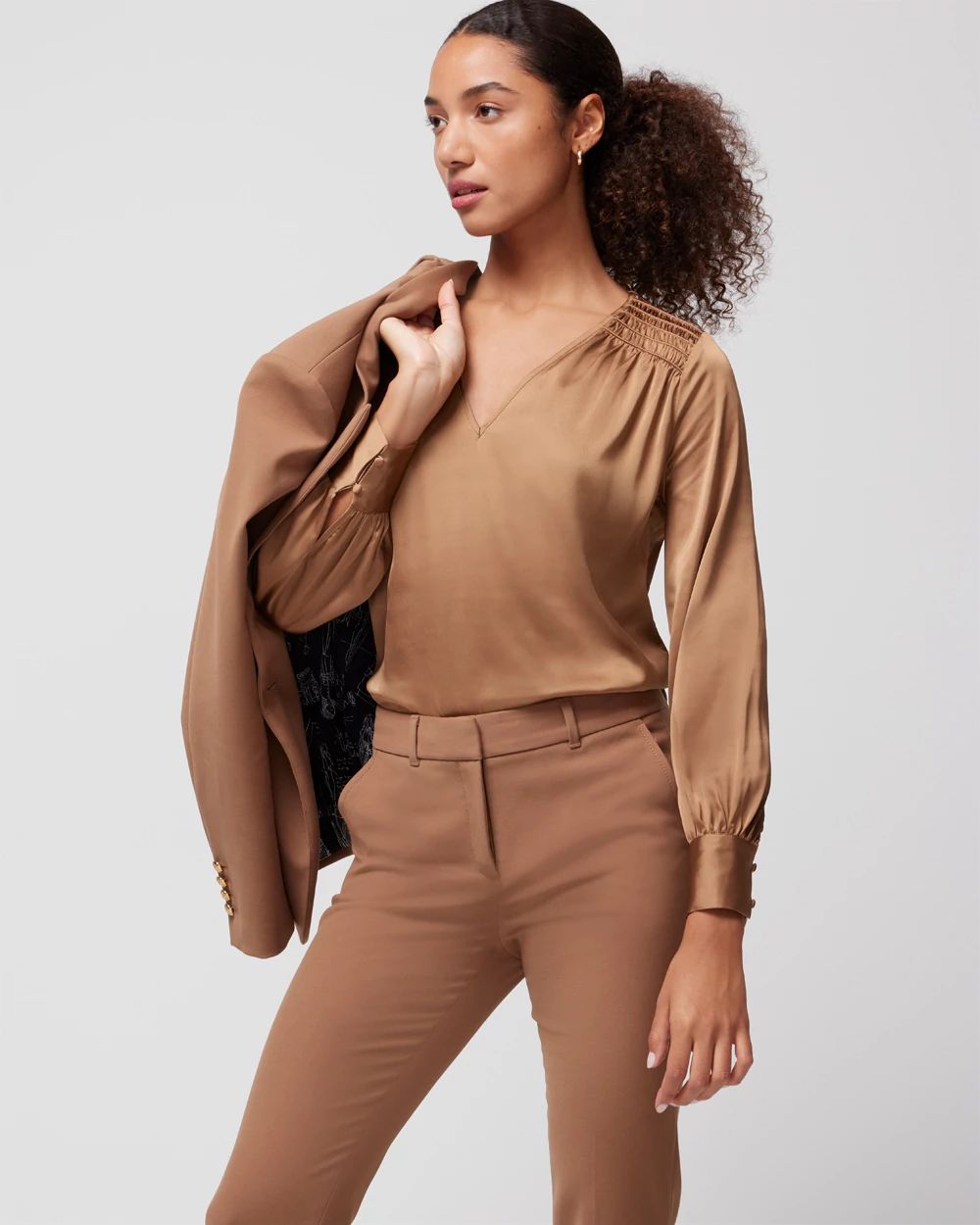 Smocked Shoulder Satin Blouse