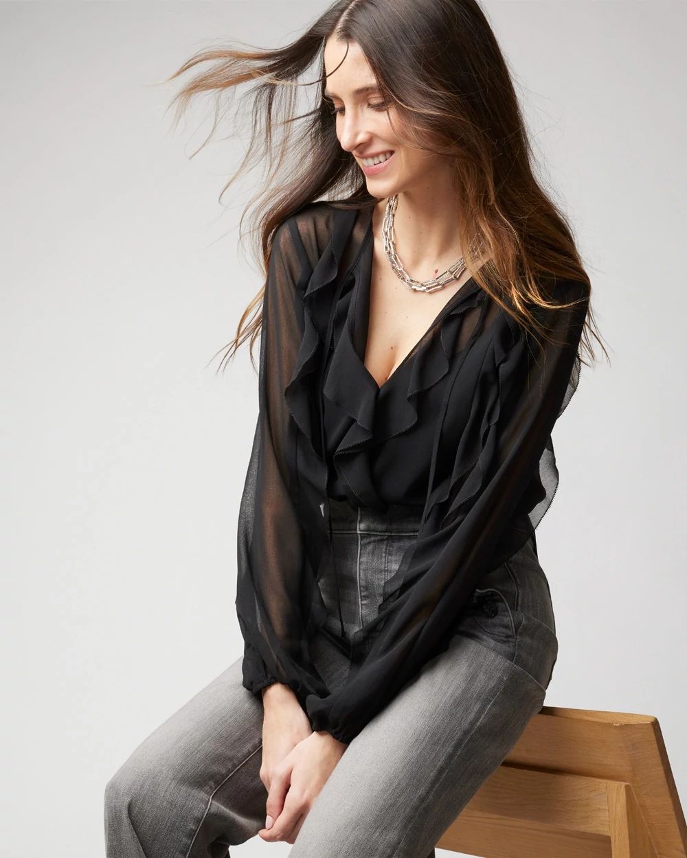 Long Sleeve Ruffled Tie Neck Blouse White House Black Market
