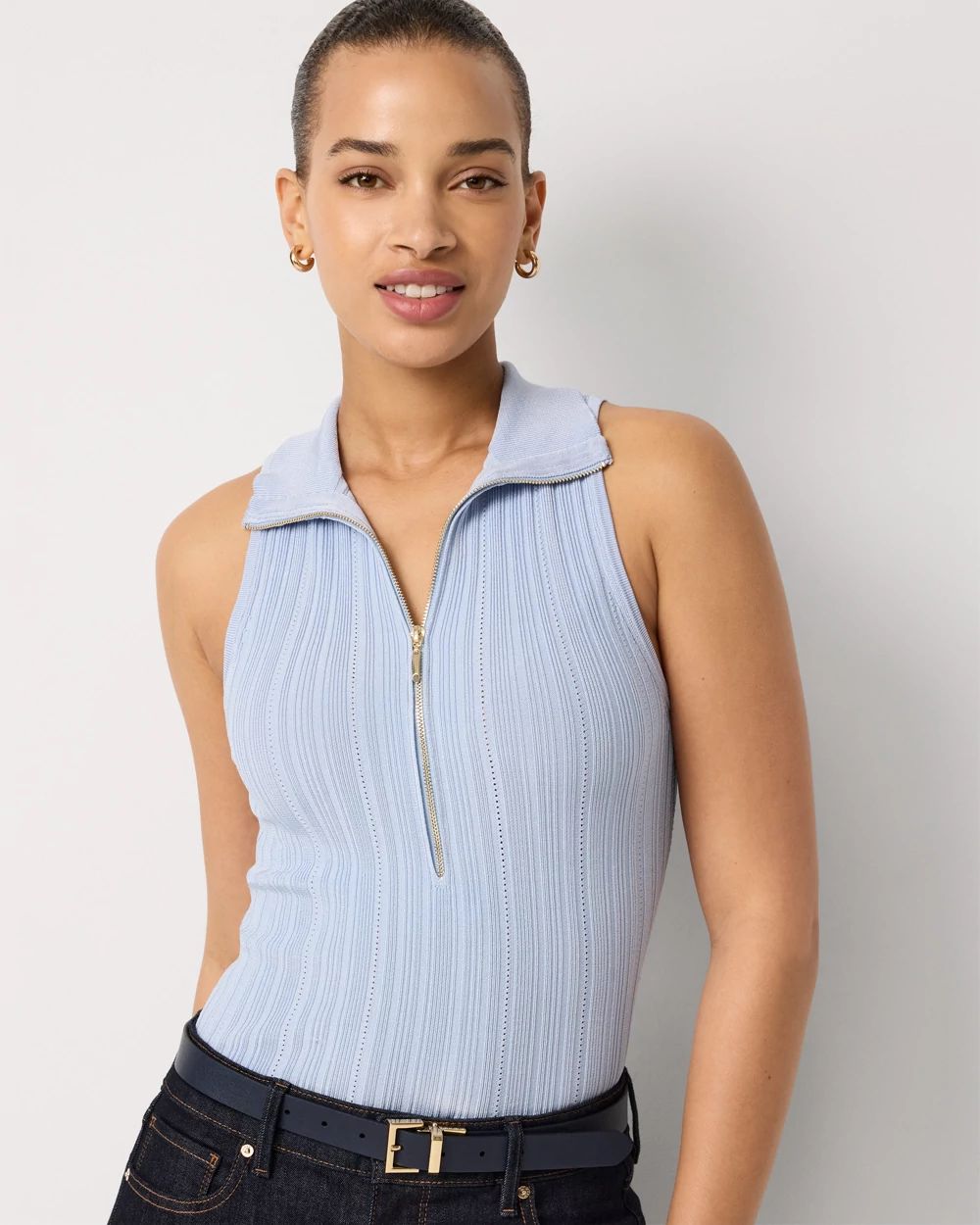 Half Zip Rib Halter Sweater Tank